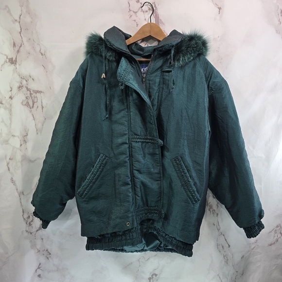 Vintage Coat Womens 2X Dark Green Arctic Fox Fur Trim 90s Y2K Jacket Insulated - Picture 1 of 14